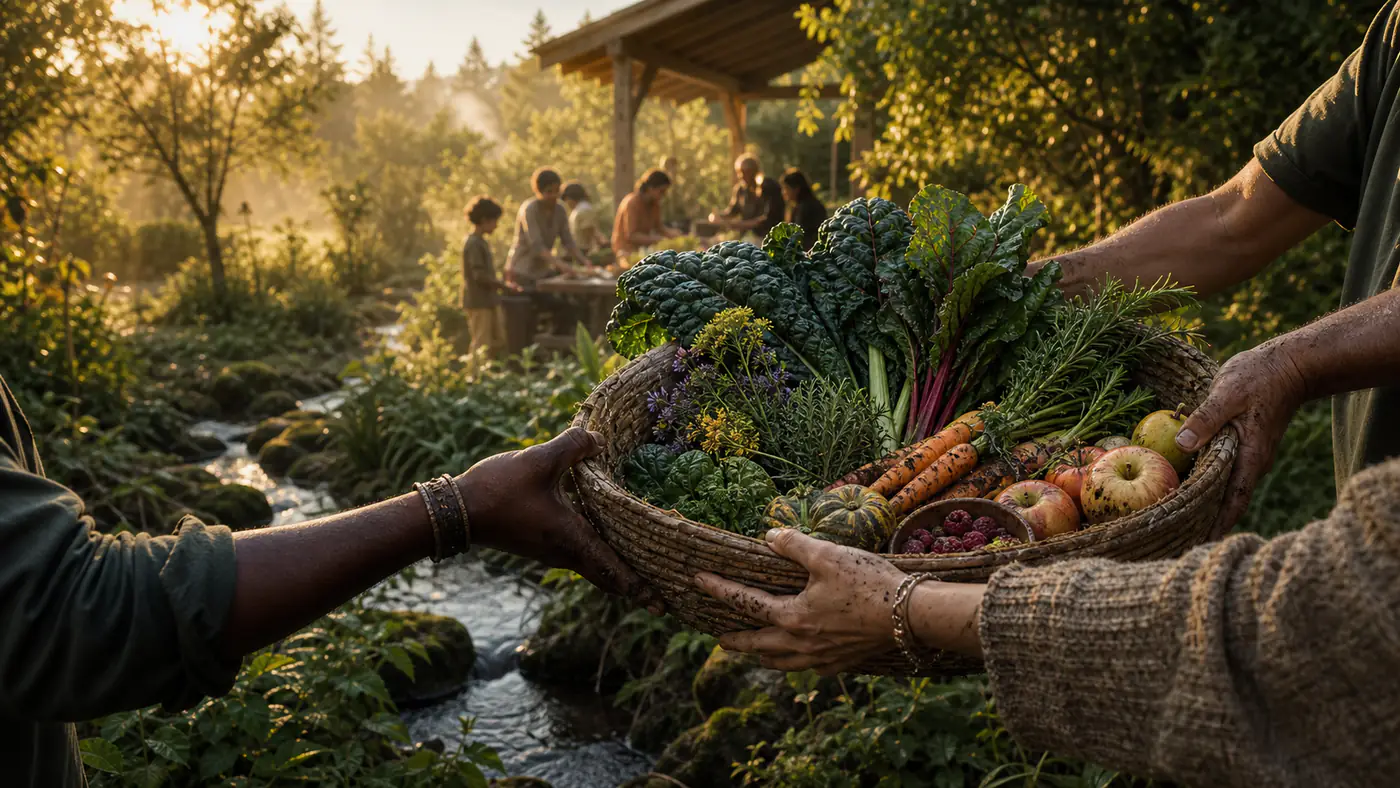 Atmospheric concept of hands sharing a harvest basket in a food forest