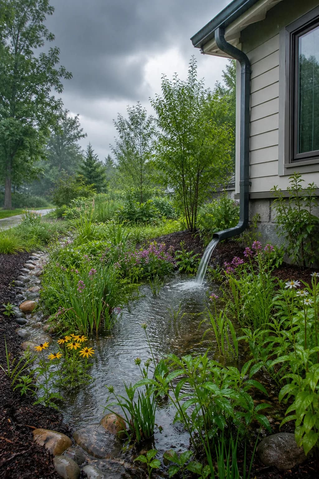 Photoreal concept of a house whose downspout feeds a planted rain garden full of young natives