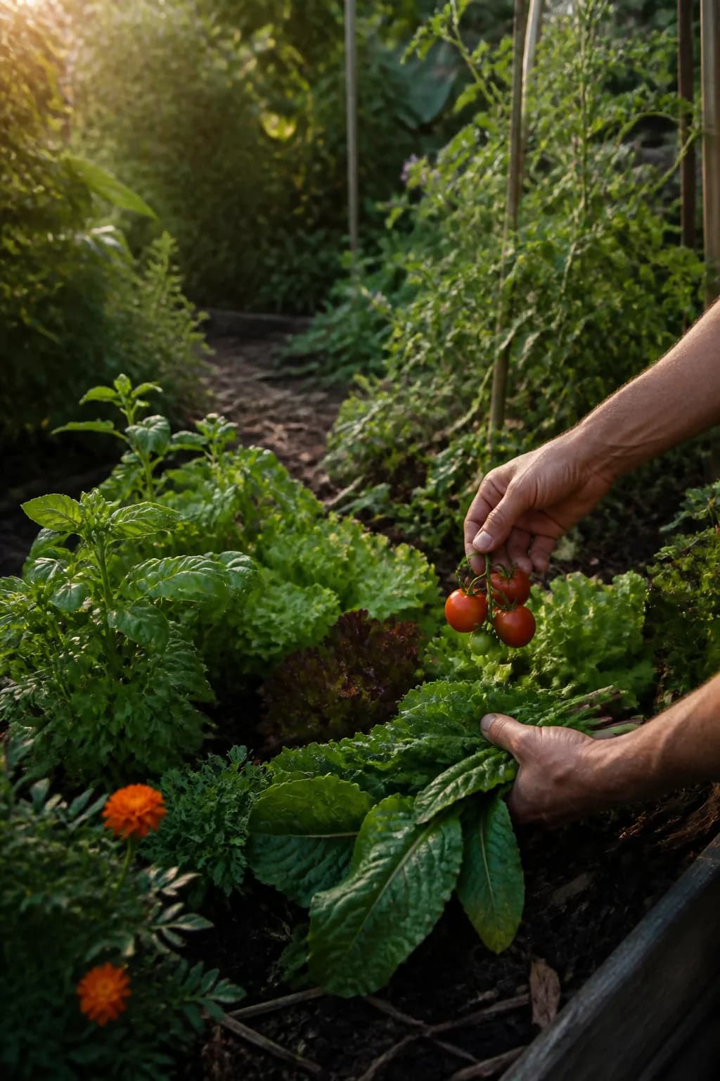 Photoreal concept of hands picking ripe tomatoes from a dense, layered garden bed