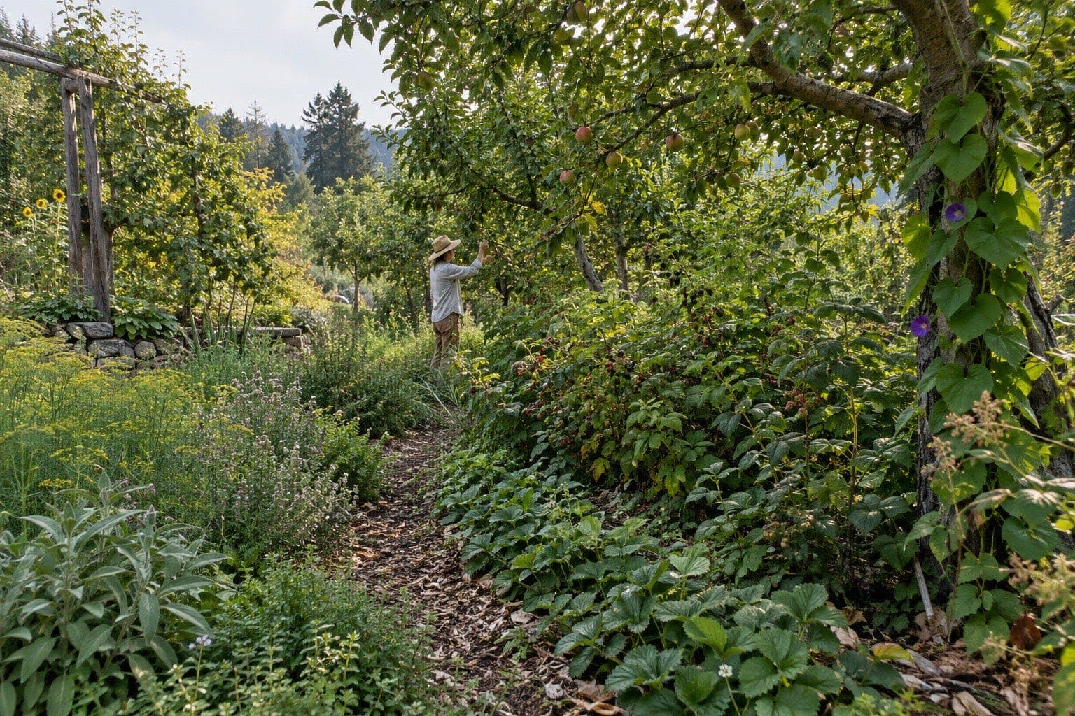 A caretaker working among the layered plants of a mature food forest