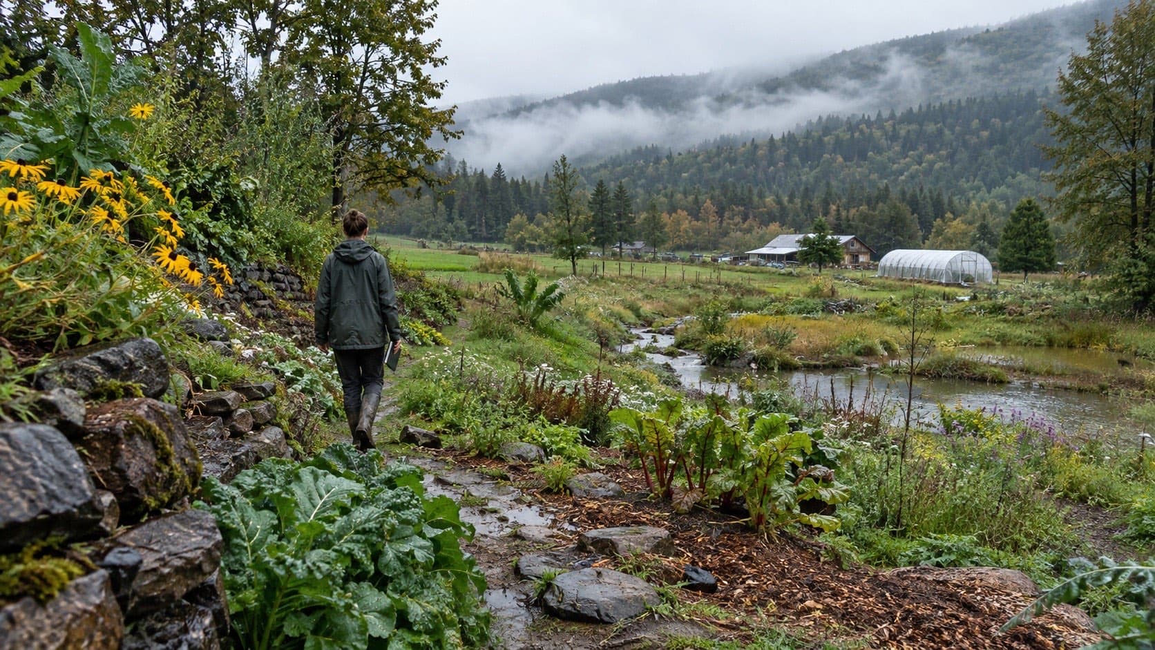 A field observer walking through a regenerative landscape after rain