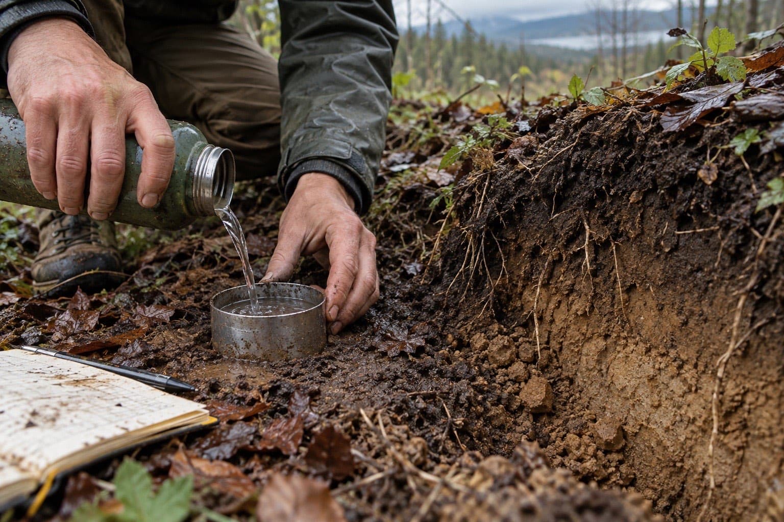 Hands observing water infiltration beside a soil profile after rain