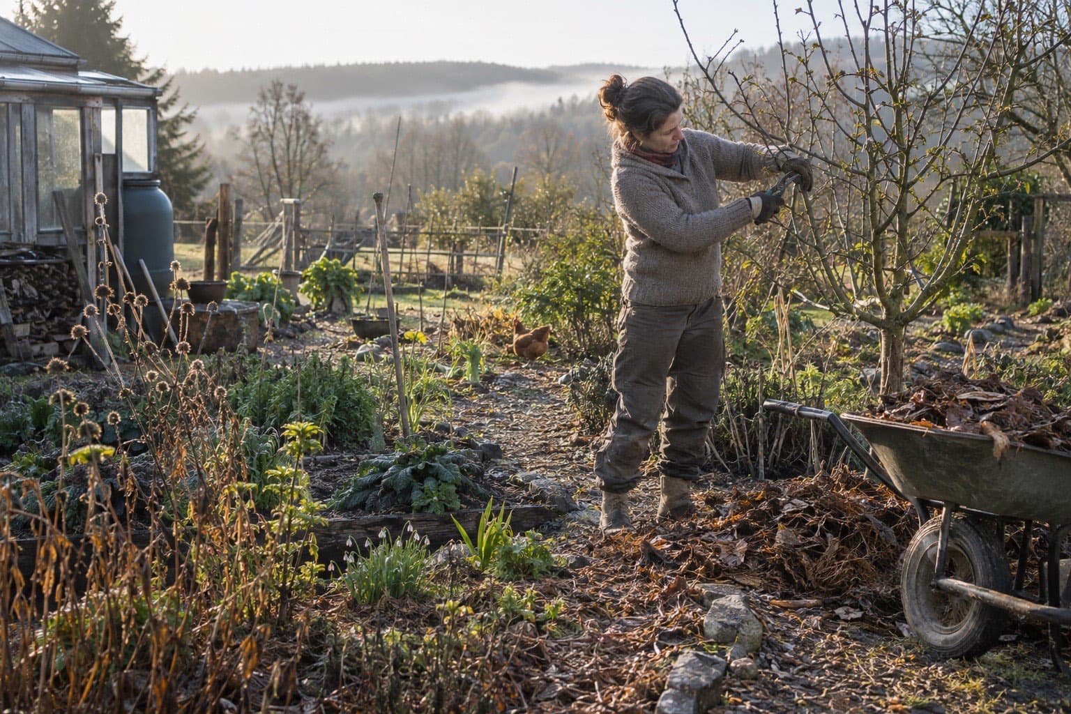 A caretaker pruning and mulching an established garden between seasons
