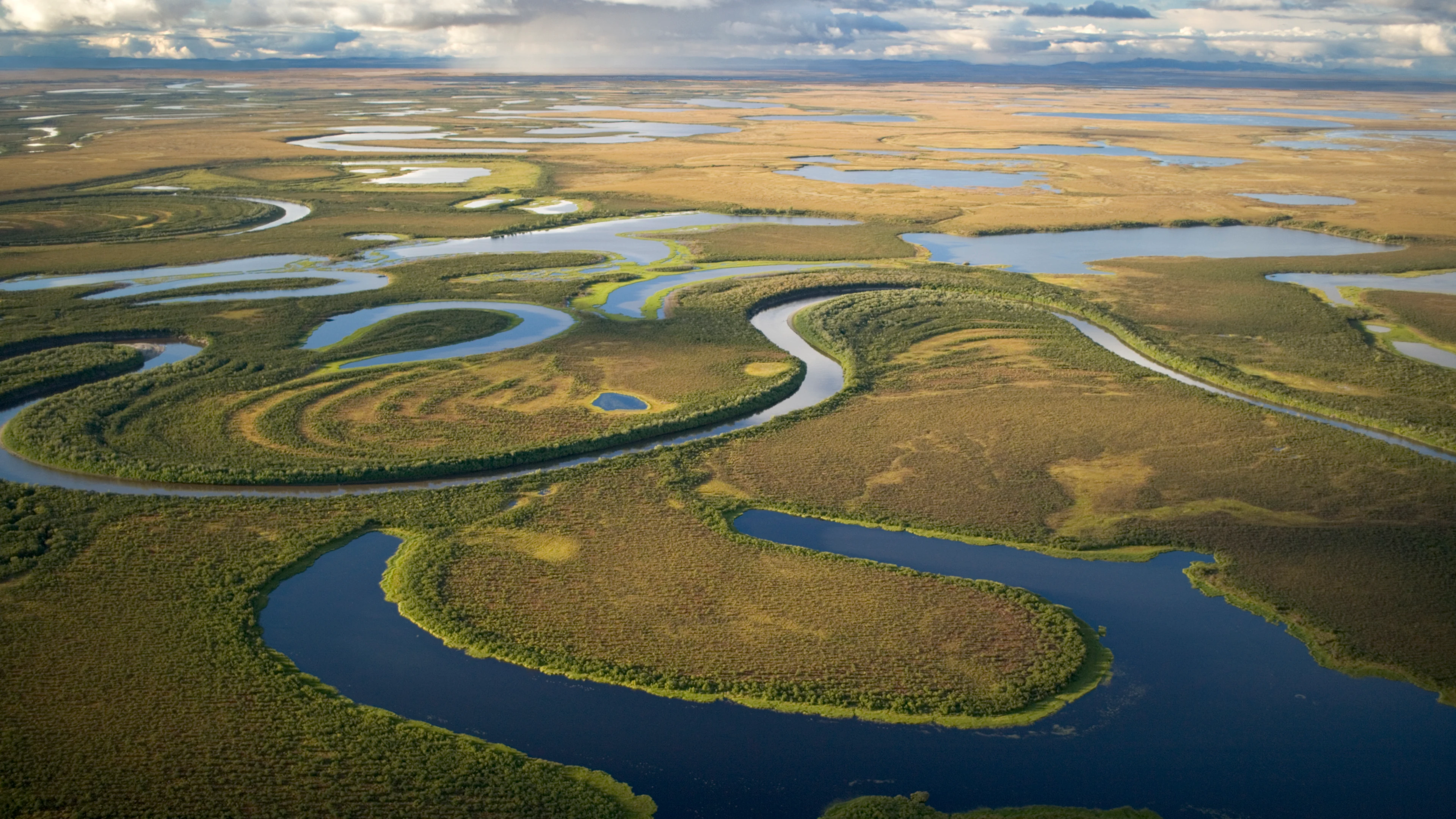 Aerial view of the Lower Selawik River winding through wetlands in Alaska’s Selawik National Wildlife Refuge