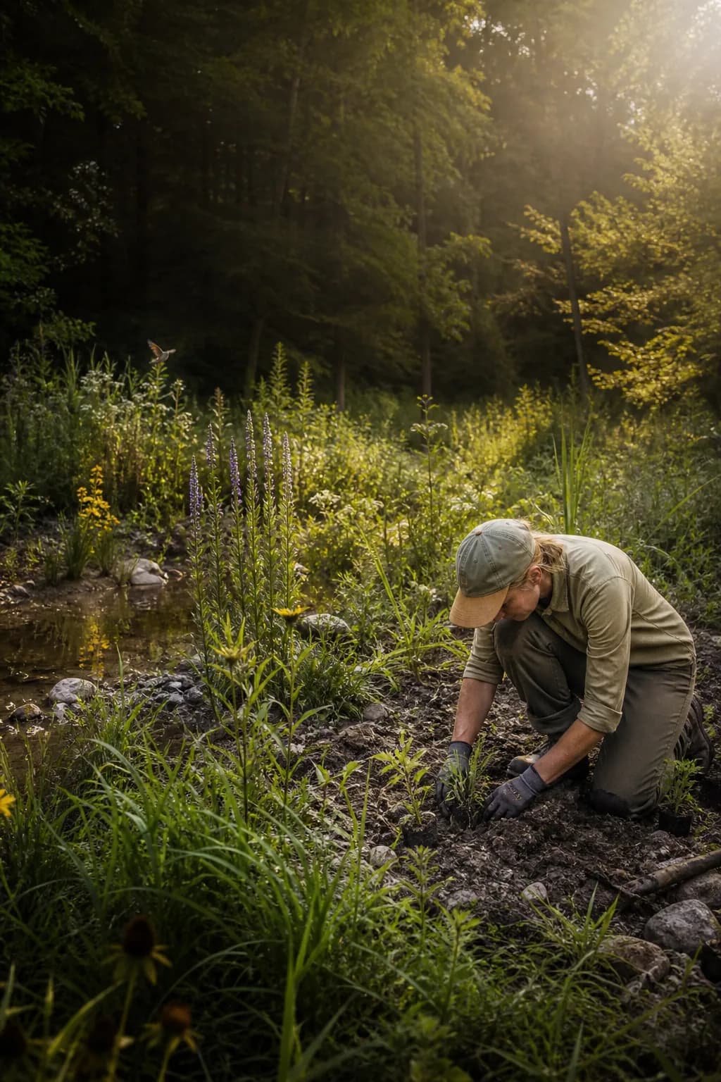 Photoreal concept of someone kneeling to plant among grasses in warm evening light