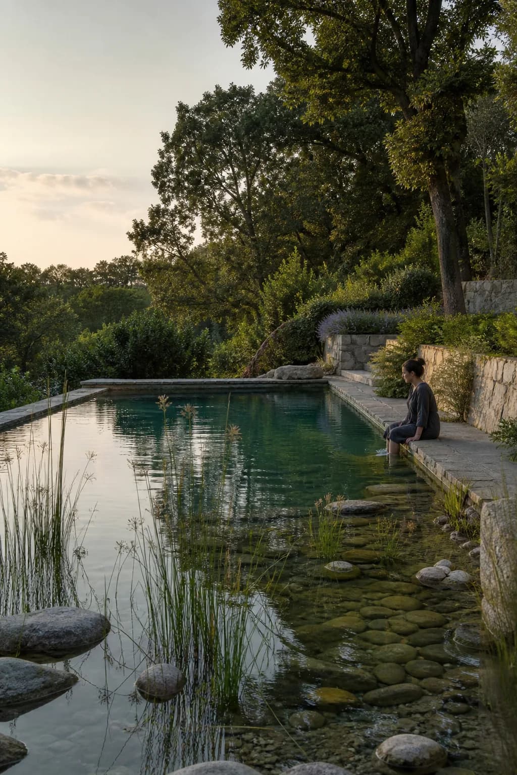 Photoreal concept of someone sitting quietly at the edge of a planted natural pond at dusk