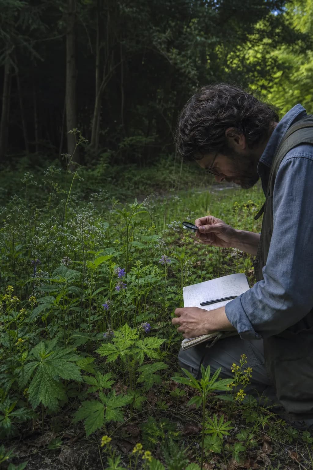 Photoreal concept of someone kneeling in a woodland garden, writing observations in a notebook