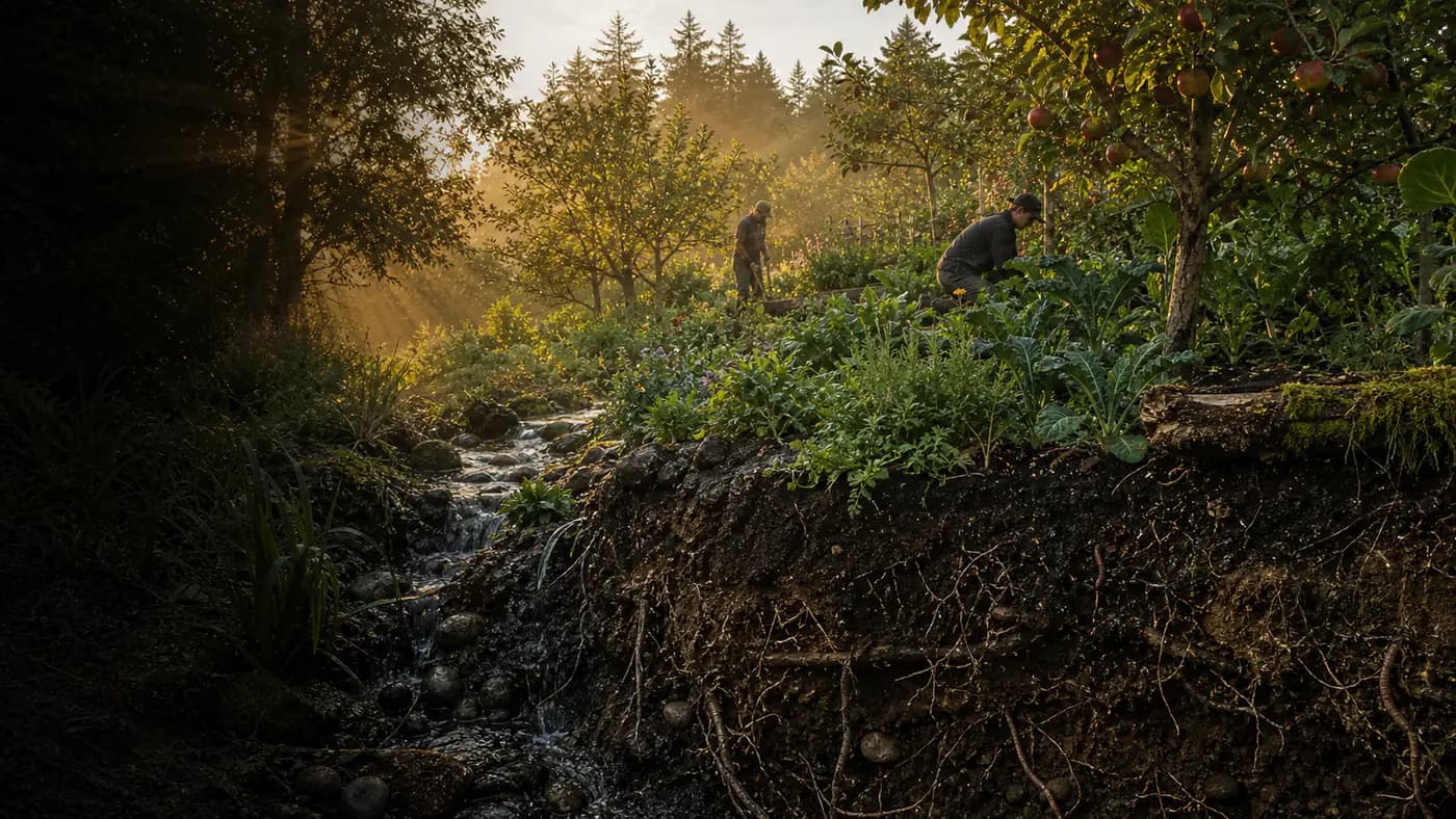 Atmospheric concept of people tending a layered orchard above a stream