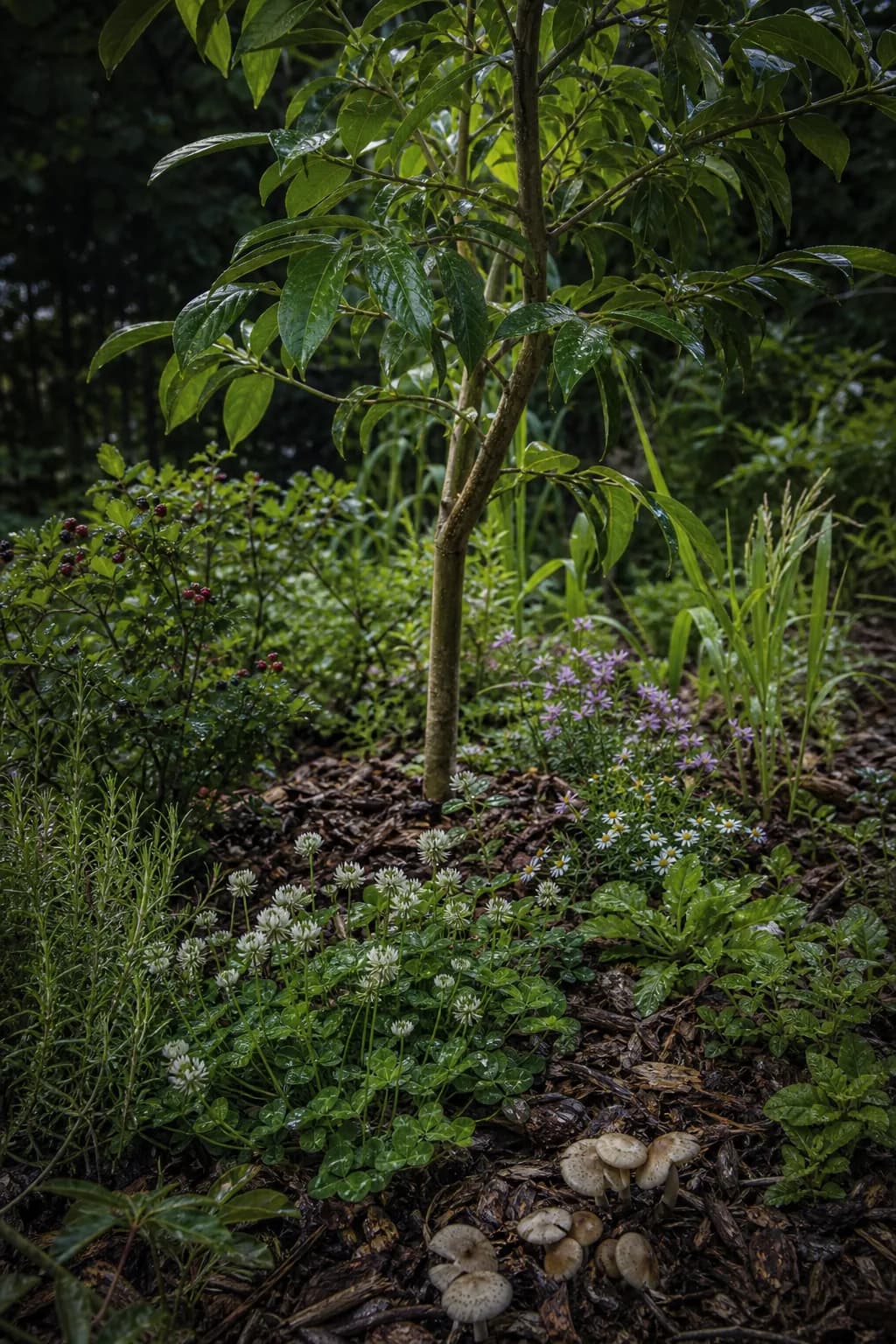 Photoreal concept of a young tree rising through a rich forest understory with mushrooms and wildflowers