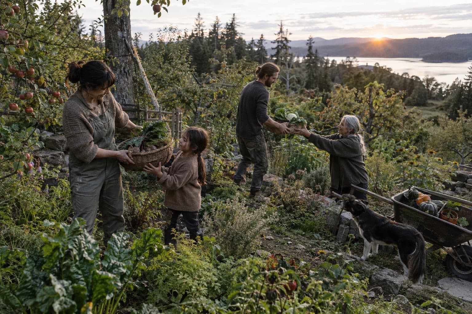 An intergenerational group sharing harvest baskets in a food forest
