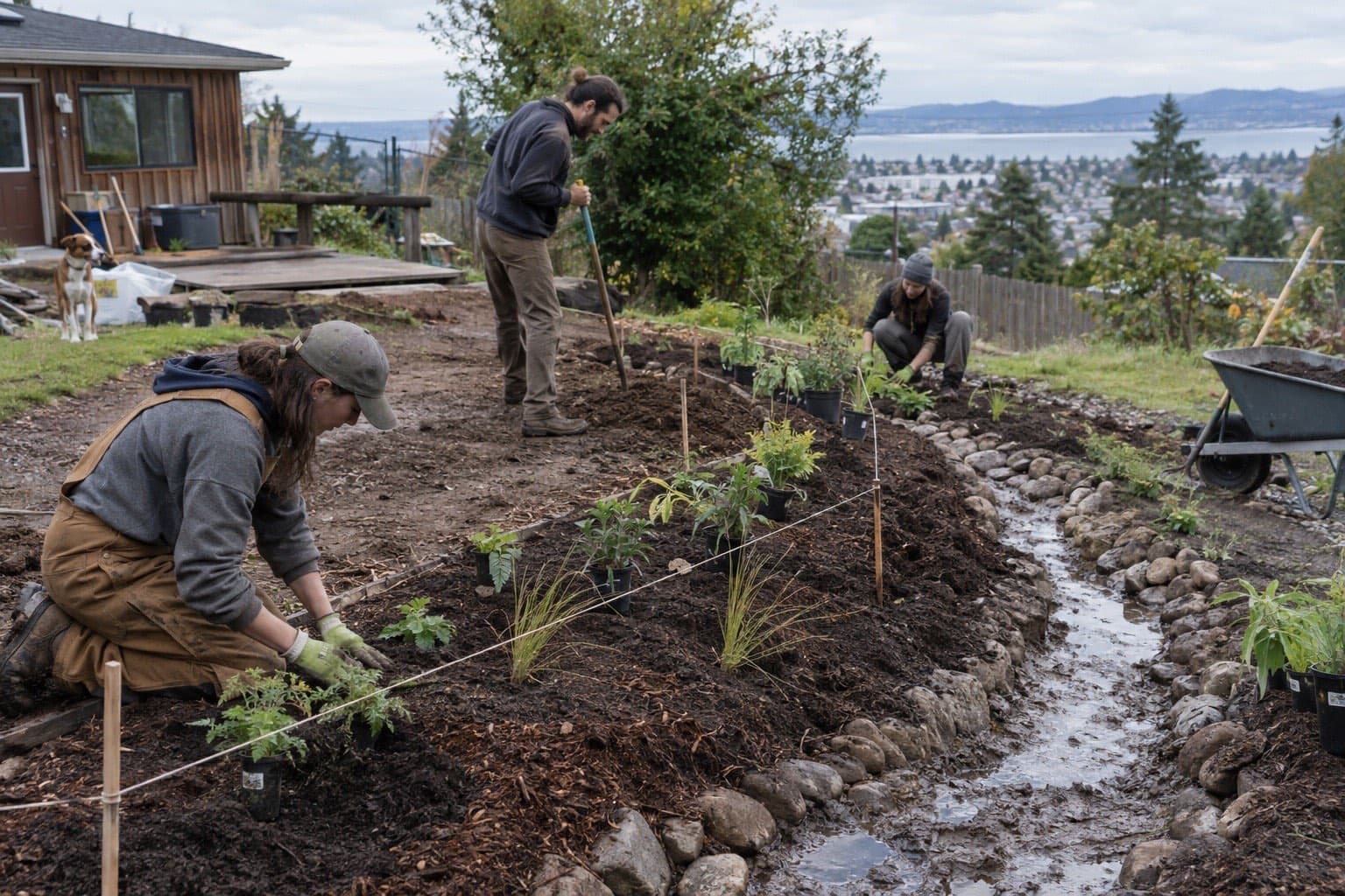 A landscape crew installing a planted water-harvesting swale