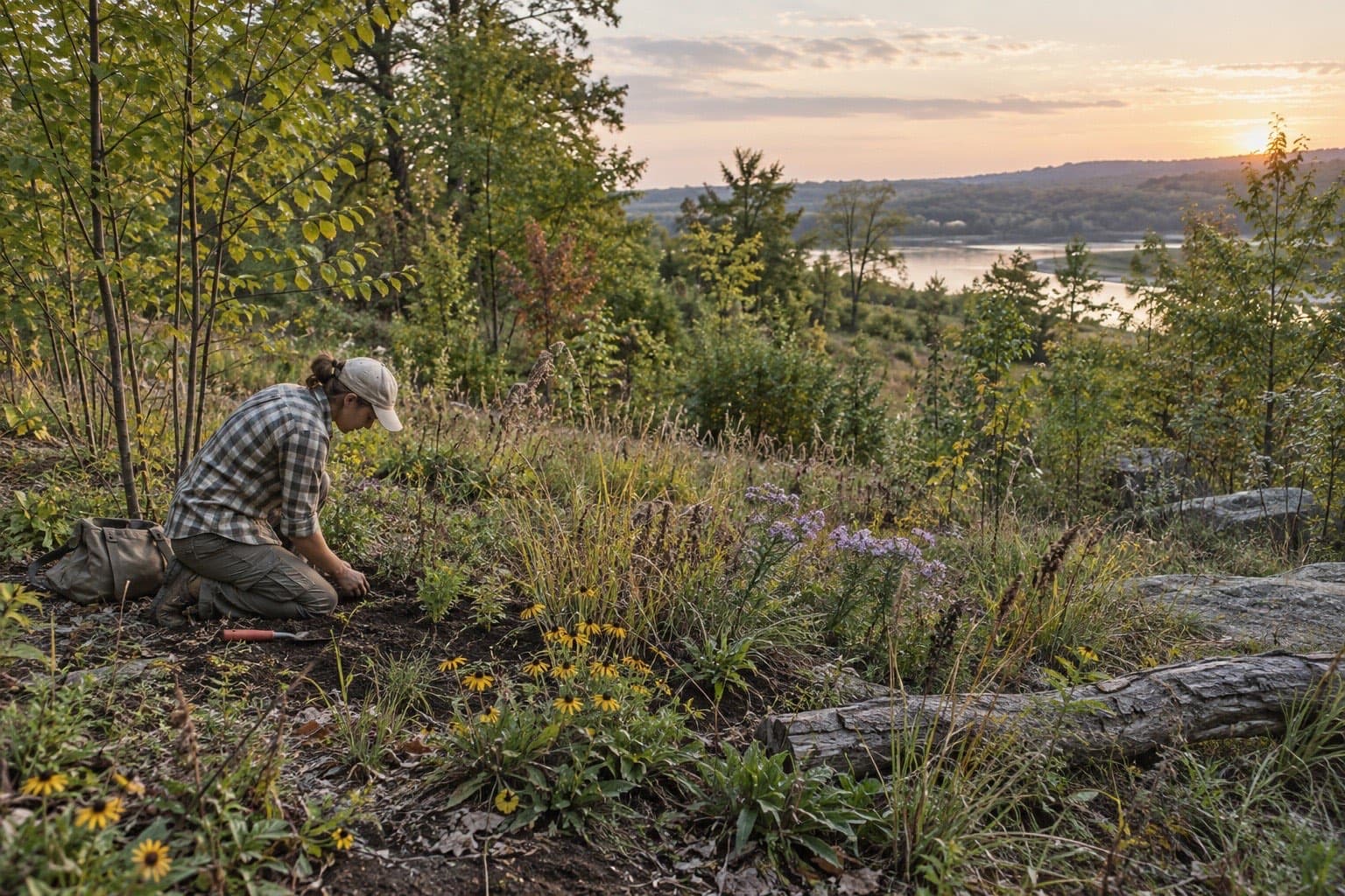 A restoration practitioner tending a diverse native meadow at a woodland edge